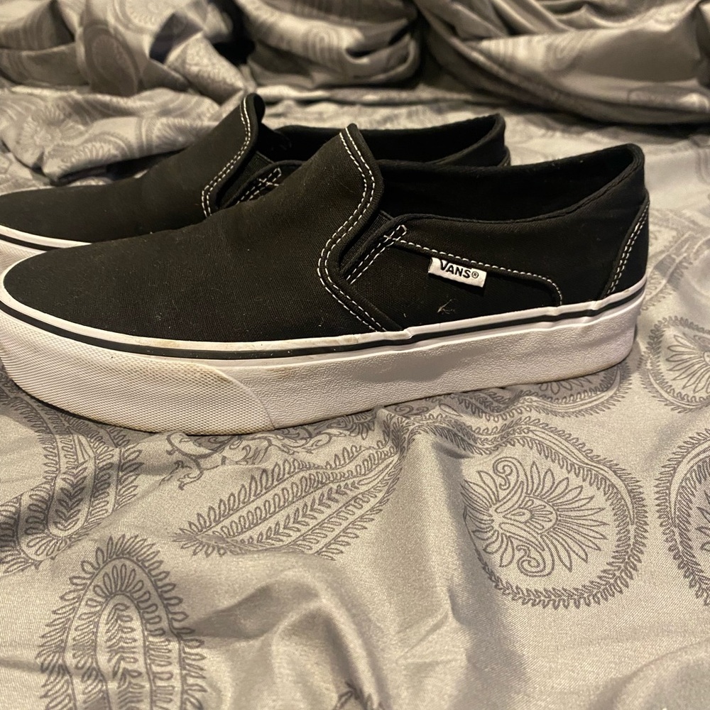 Vans platform black and white slide on